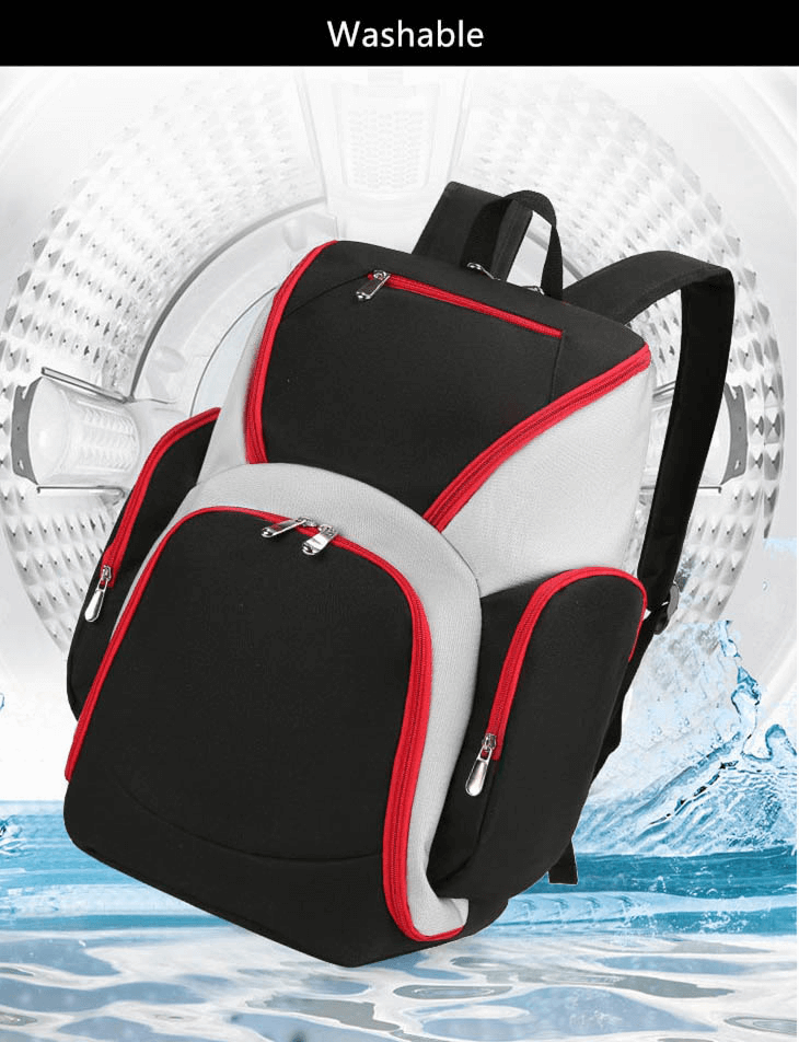 Waterproof football backpack SF0870 in front of washing machine, featuring large capacity, black-red design, and comfort straps.